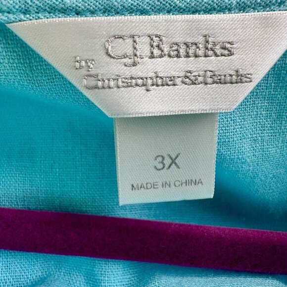 CJ Banks Button Up Hoodie Women's 3X Aqua Blue Linen Blnd Beachy Coastal 3/4 Slv - Picture 8 of 16
